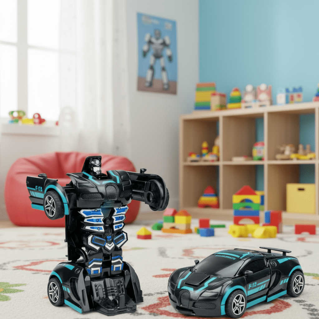 Auto zmieniające się w robota, auto i robot w pokoju