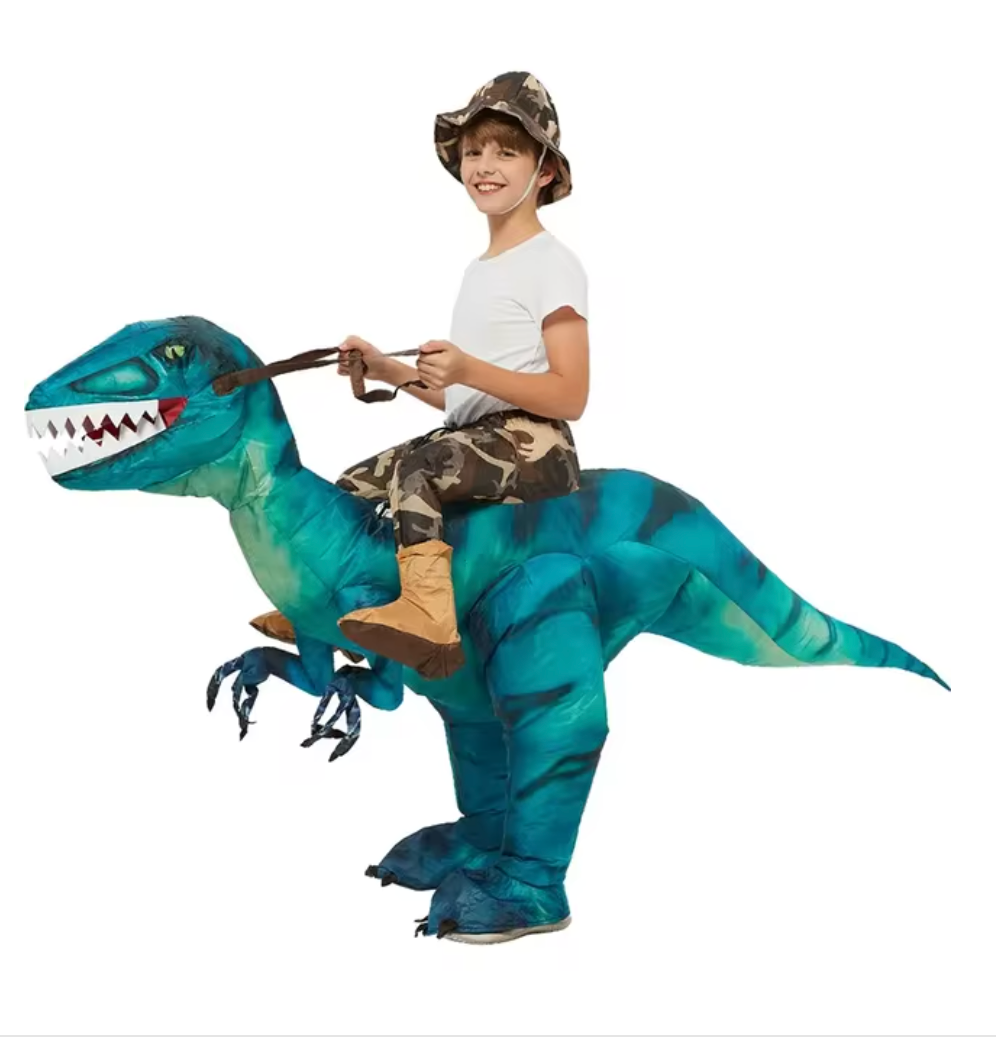 Dmuchany kostium dinozaura, kostium niebieski z boku