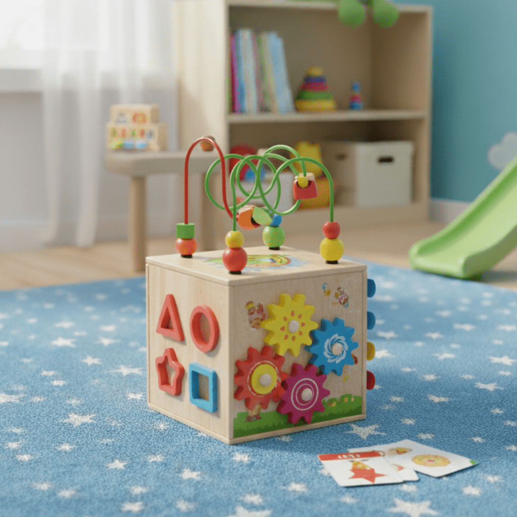 Drewniana kostka edukacyjna 8w1, kostka w pokoju dziecięcym