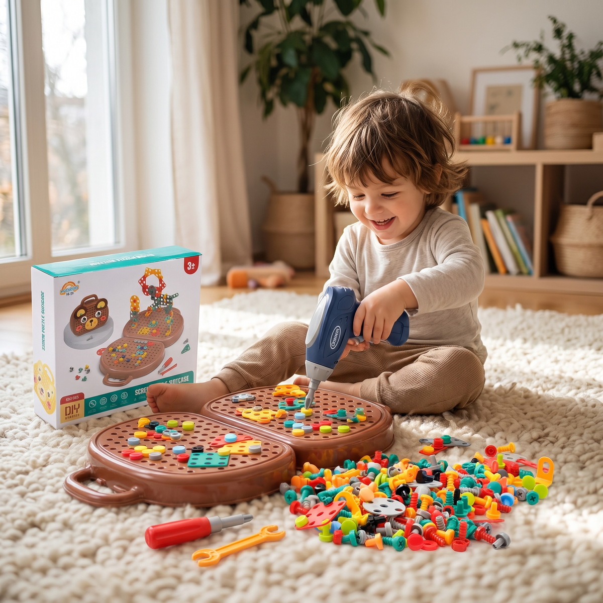 Drewniana skrzynka narzędziowa Montessori – zestaw konstrukcyjny dla dzieci – widok produktu 2 | Kidartsy
