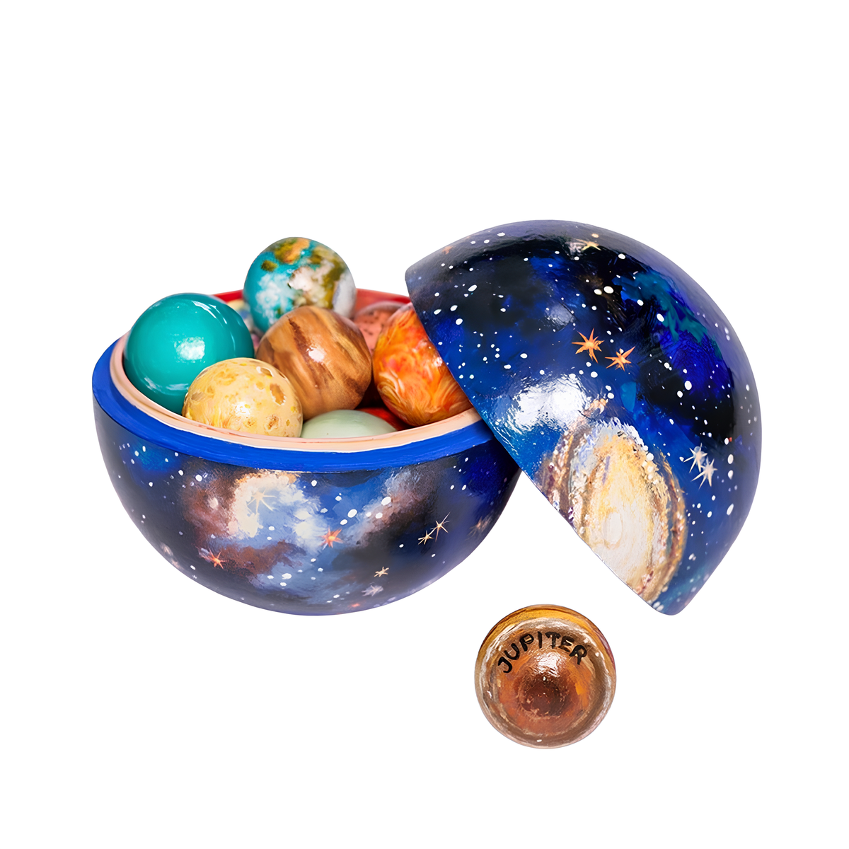 Drewniany zestaw planet w kuli, otwarta kula z planetami