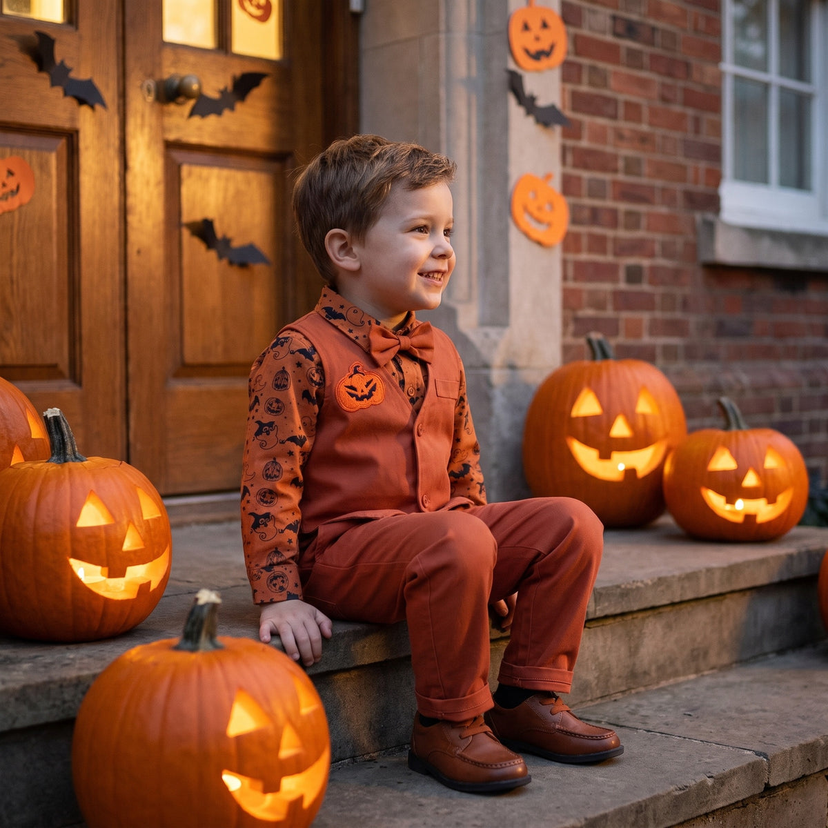 Garnitur chłopięcy na Halloween, koszula w dynie, kamizelka, spodnie i mucha, lifestyle 2