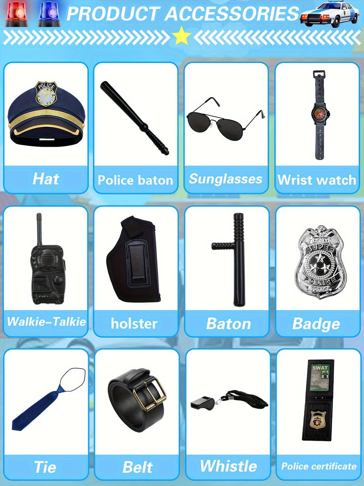 Kostium policjanta dla dzieci, wszystkie akcesoria