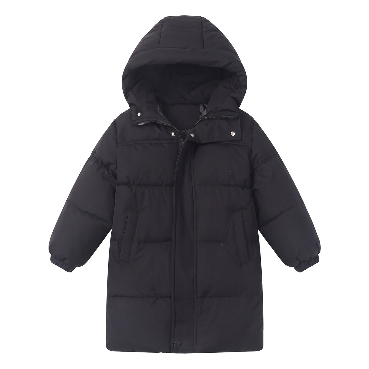 Kurtka zimowa dziecięca przedłużana pikowana z kapturem, czarny