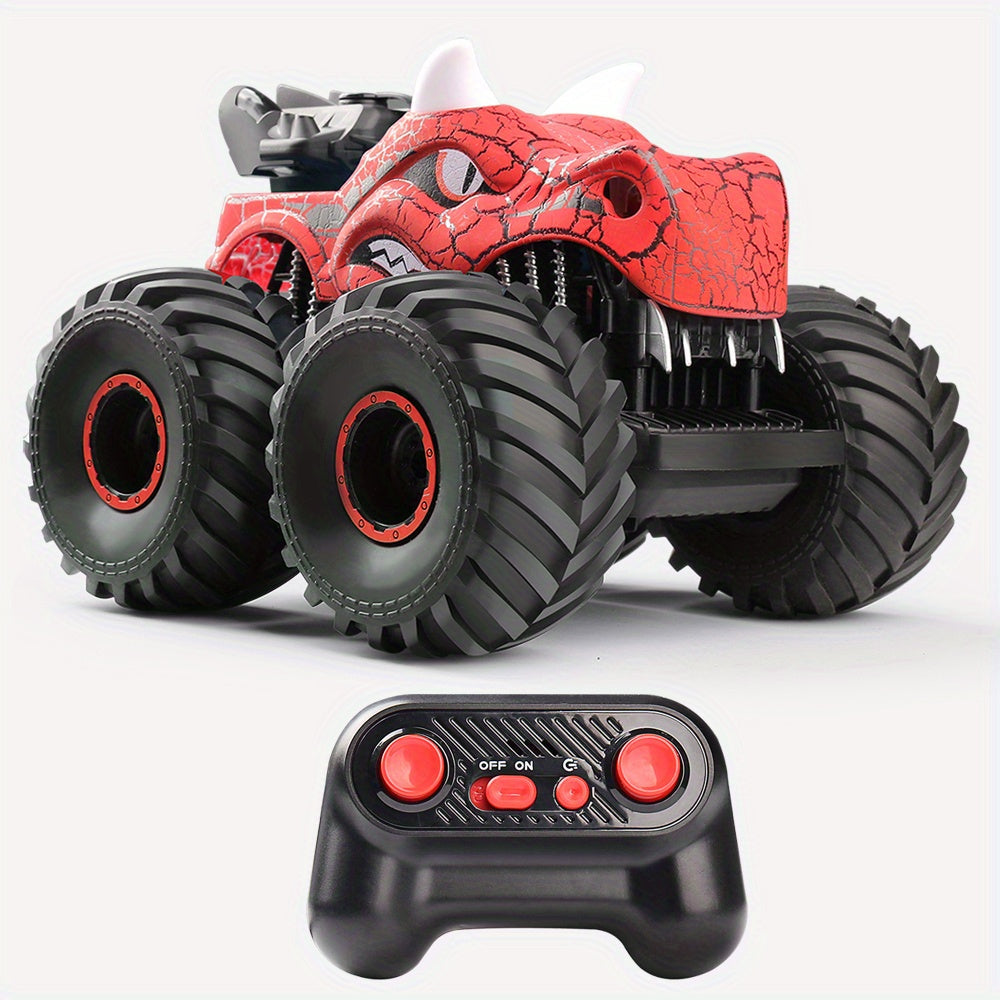 Monster truck zdalnie sterowany z głową dinozaura, model czerwony z pilotem