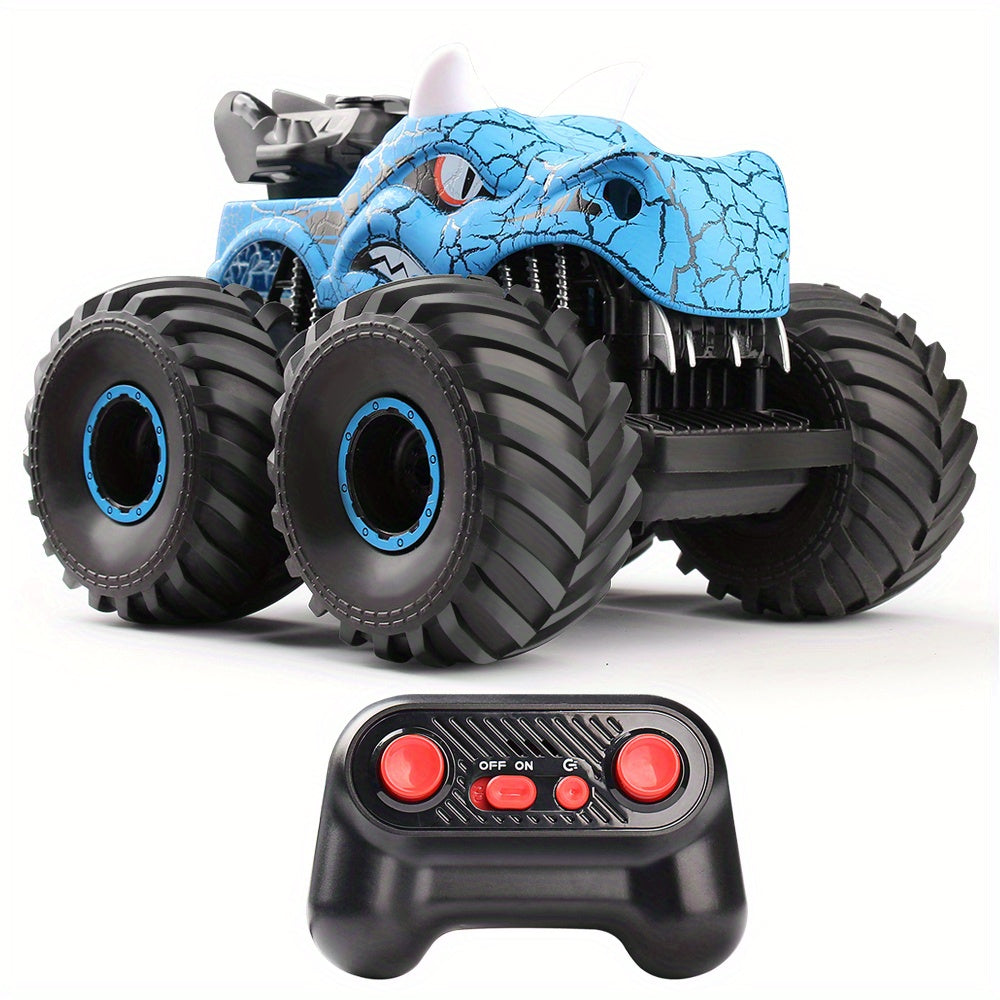 Monster truck zdalnie sterowany z głową dinozaura, model niebieski z pilotem