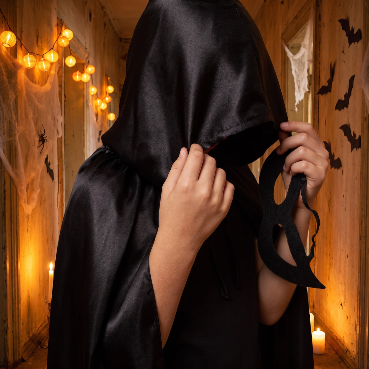 Peleryna z kapturem i maska na oczy na Halloween, lifestyle 2