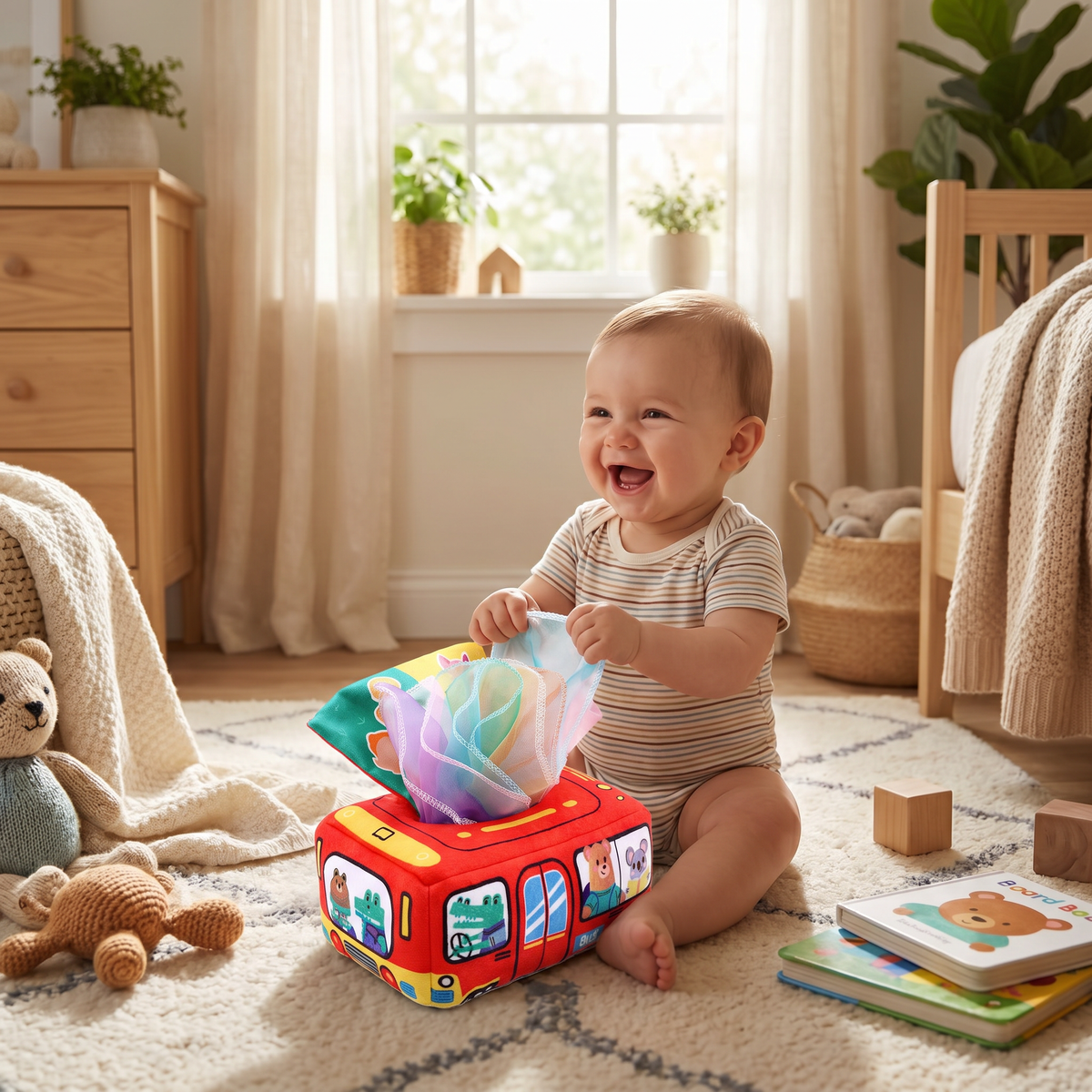 Sensoryczne pudełko z chusteczkami Montessori – zabawka dla niemowląt – widok produktu 2 | Kidartsy
