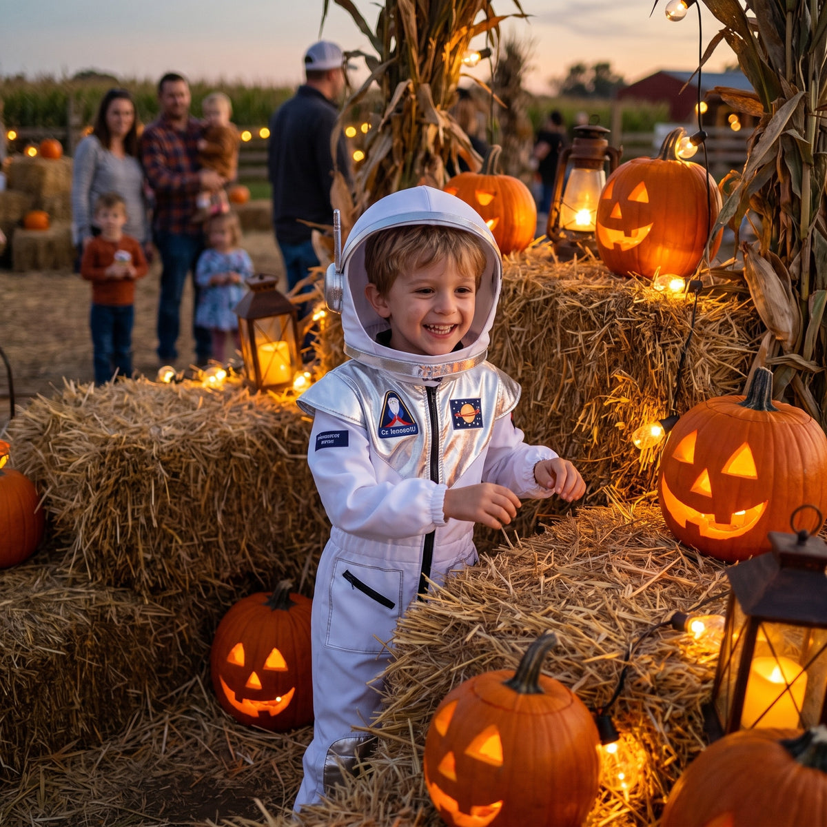 Strój astronauty dla dzieci, biały kombinezon z naszywkami, lifestyle