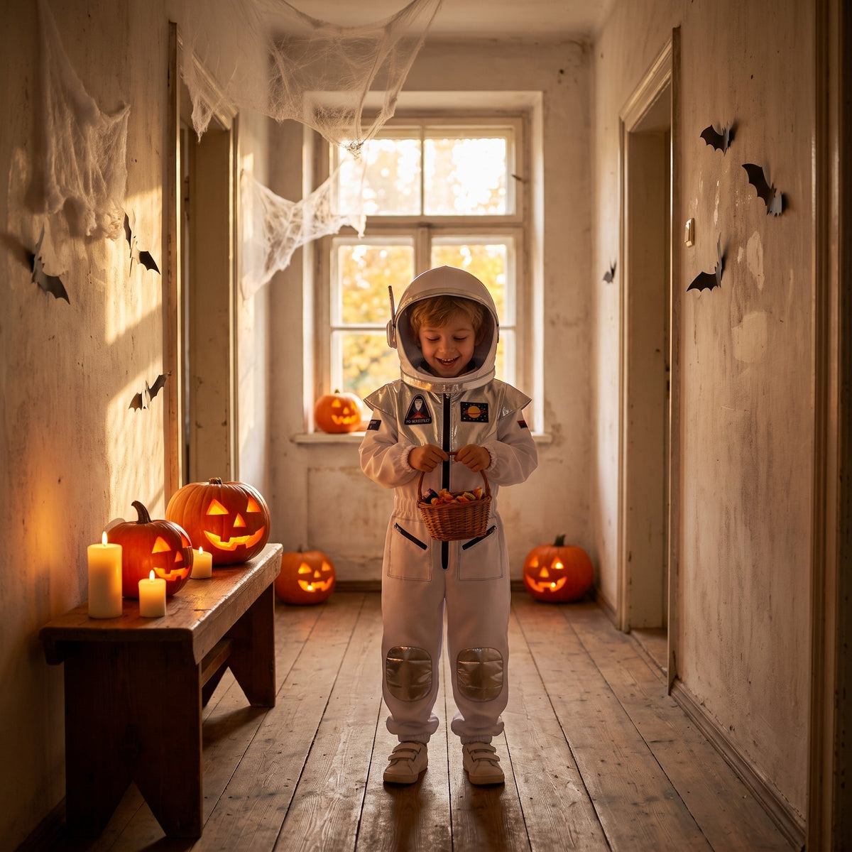 Strój astronauty dla dzieci, biały kombinezon z naszywkami, lifestyle 2