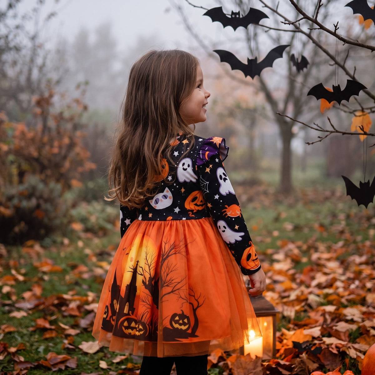 Sukienka na Halloween dla dziewczynki, pomarańczowa z duszkami i dyniami, lifestyle