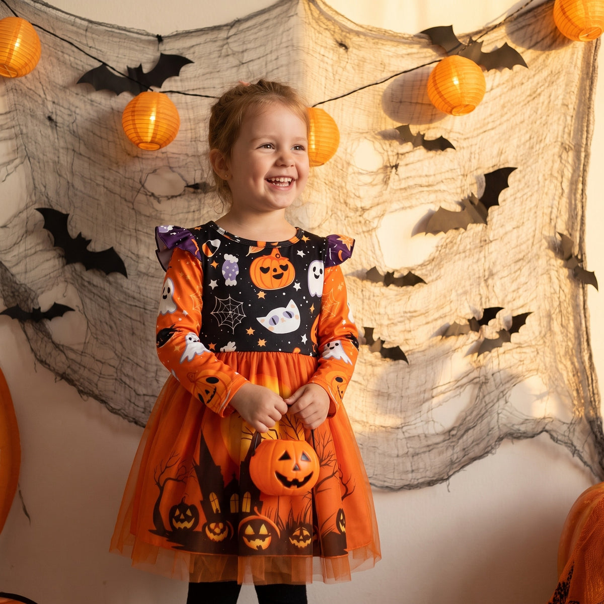 Sukienka na Halloween dla dziewczynki, pomarańczowa z duszkami i dyniami, lifestyle 2