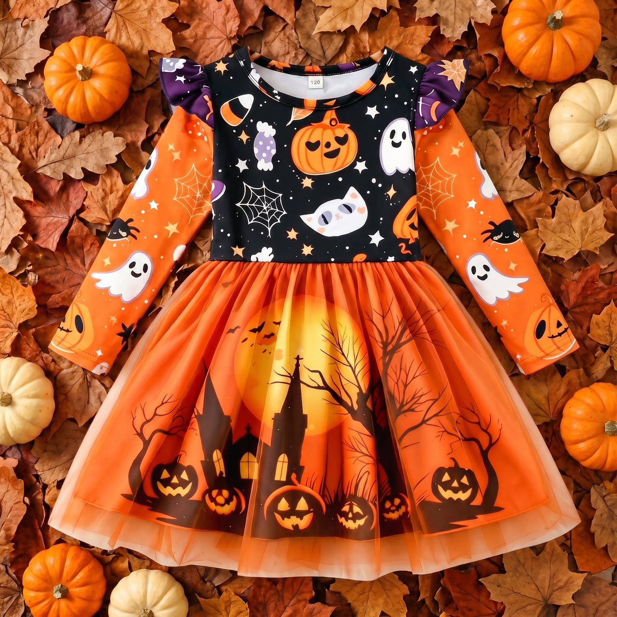 Sukienka na Halloween dla dziewczynki, pomarańczowa z duszkami i dyniami, set inhoud