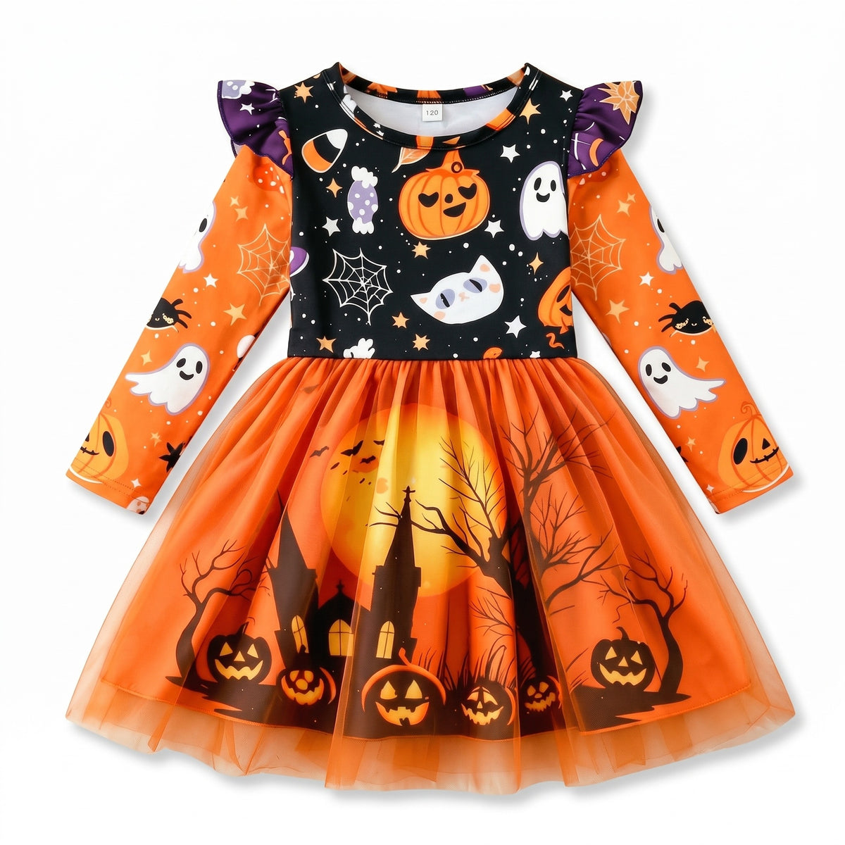 Sukienka na Halloween dla dziewczynki, pomarańczowa z duszkami i dyniami, pomarańczowy