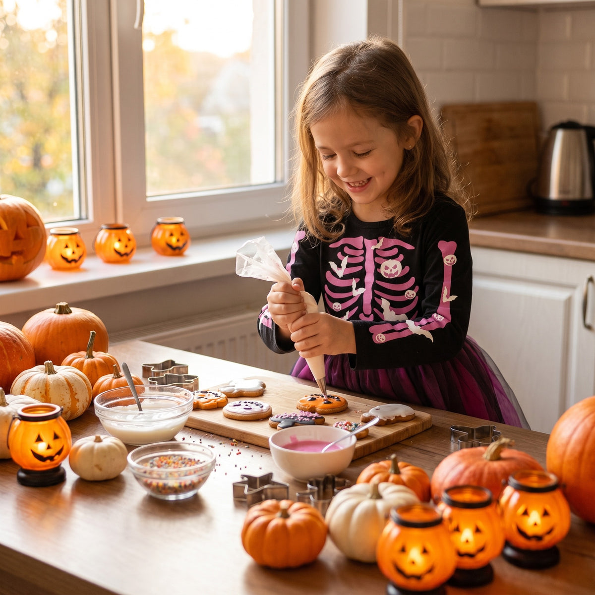 Sukienka dziewczęca na Halloween ze szkieletem, tiulowa spódnica, lifestyle 2
