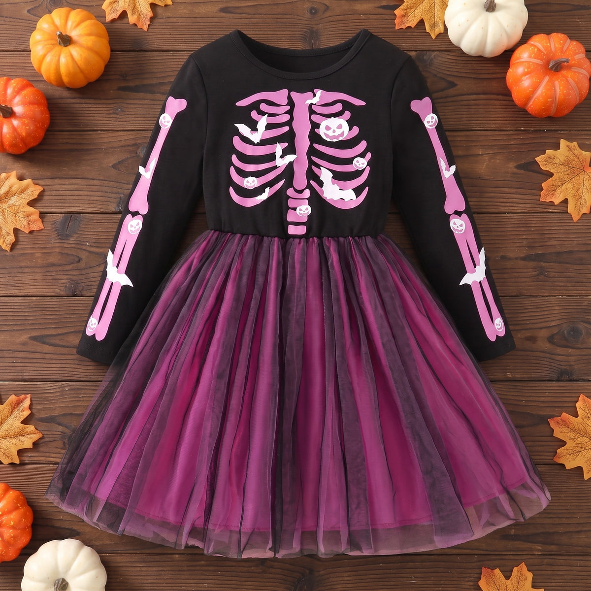 Sukienka dziewczęca na Halloween ze szkieletem, tiulowa spódnica, set inhoud