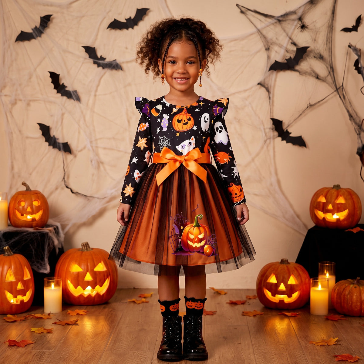 Sukienka na Halloween dla dziewczynki, dynie, kotki i tiul z kokardą, lifestyle
