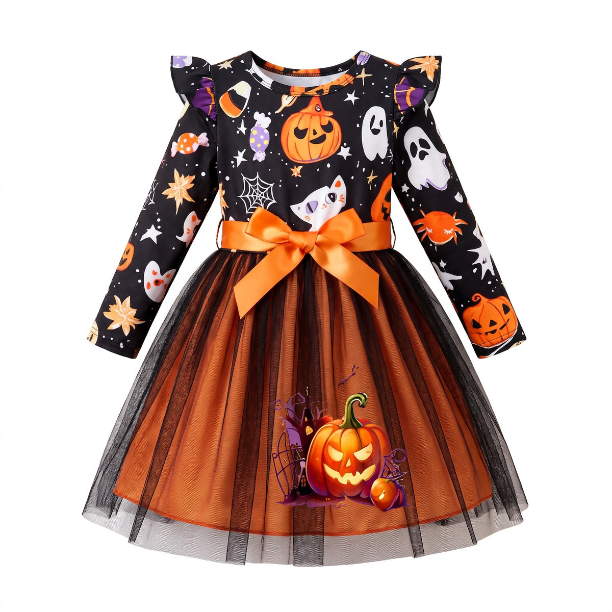 Sukienka na Halloween dla dziewczynki, dynie, kotki i tiul z kokardą, pomarańczowo-czarny