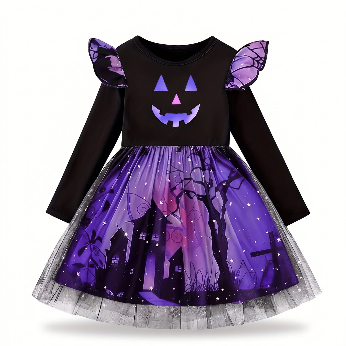 Sukienka na Halloween dla dziewczynki z tiulem, nadruk zamku i dyni, czarno-fioletowy