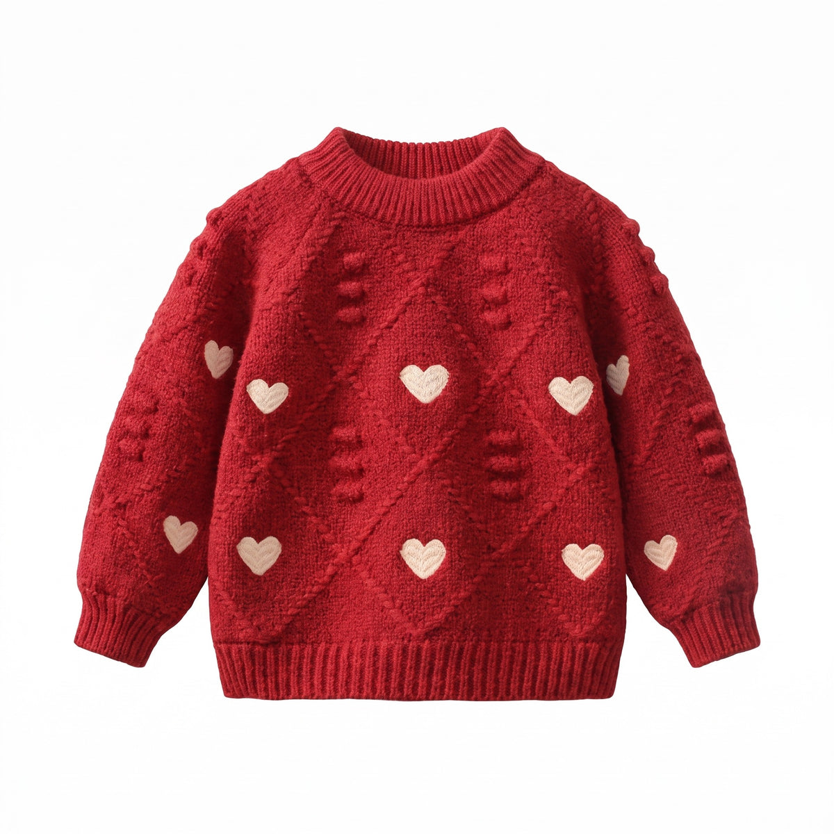 Sweter dziewczęcy dzianinowy z serduszkami, czerwony