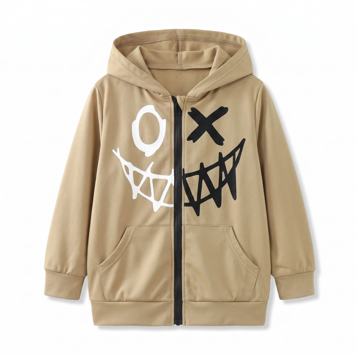 Bluza rozpinana chłopięca dwukolorowa z nadrukiem buźki, khaki