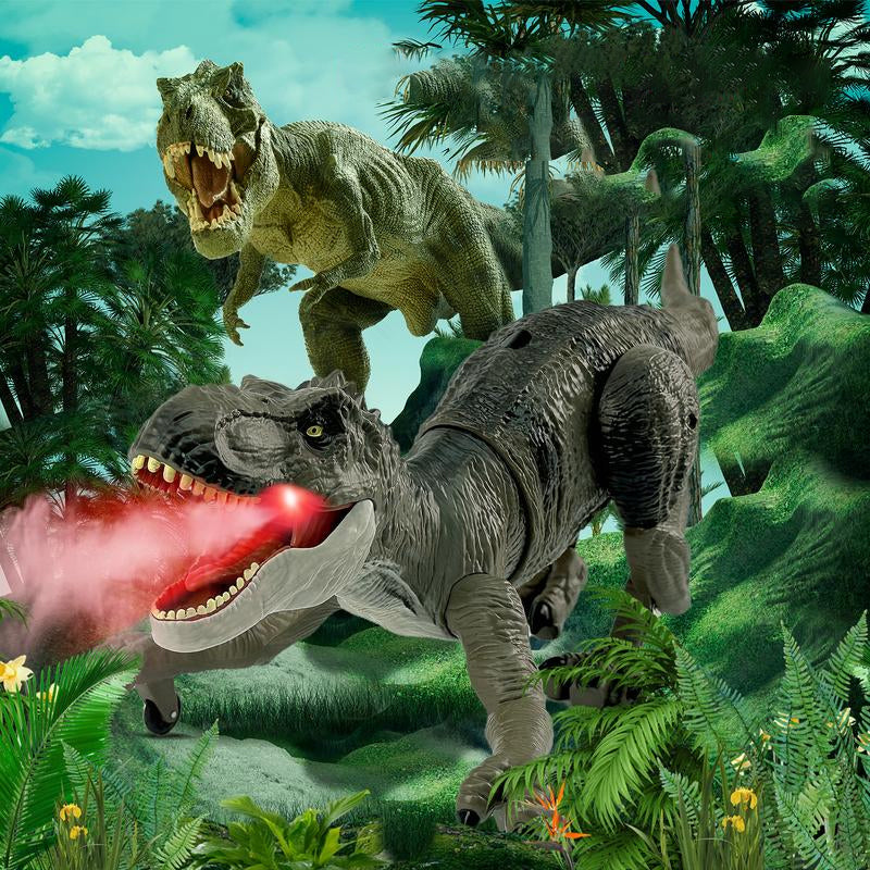 Dinozaur zdalnie sterowany z funkcją mgiełki, dwa dinozaury w scenerii