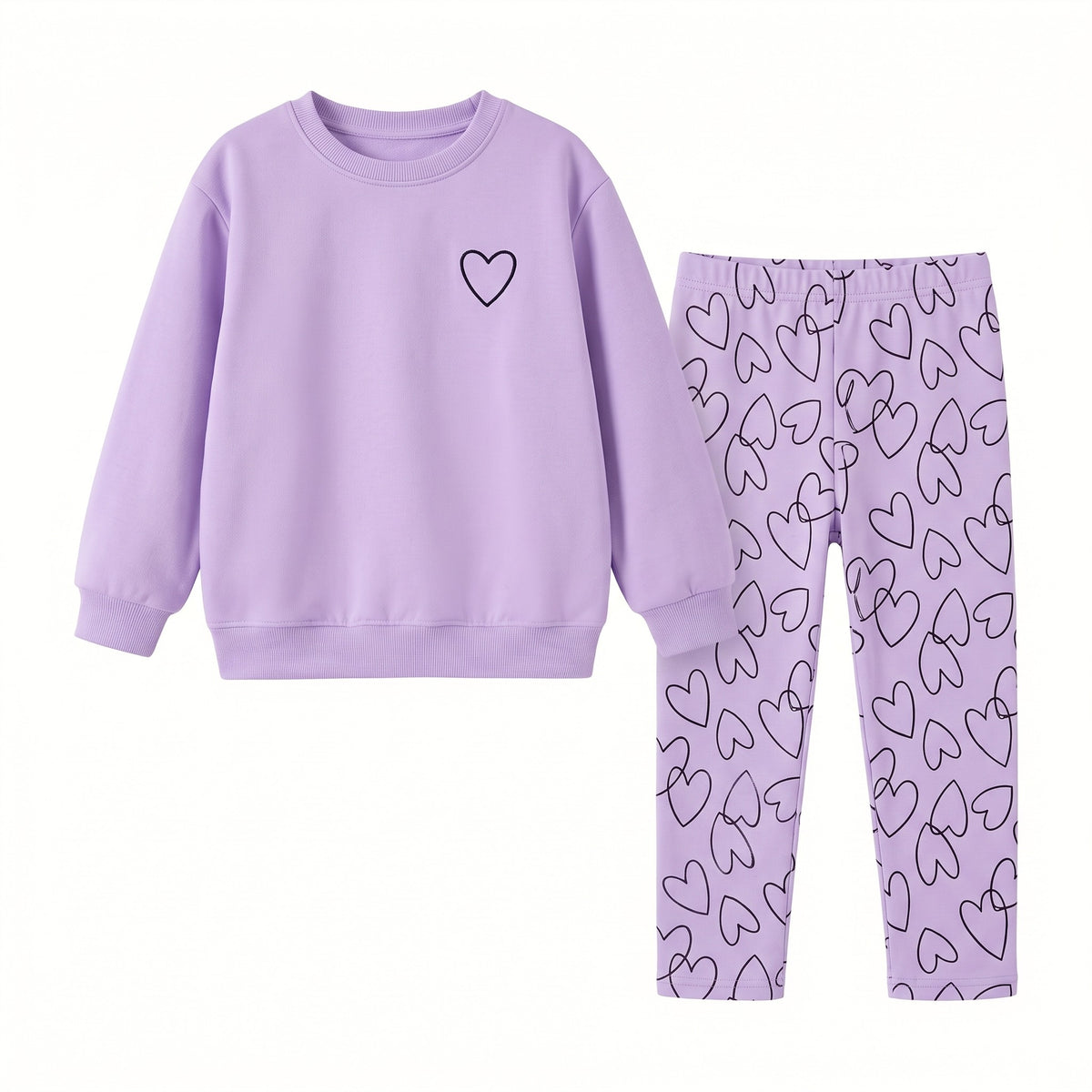 Komplet dziewczęcy bluza z sercem i legginsy w serca, lawendowy