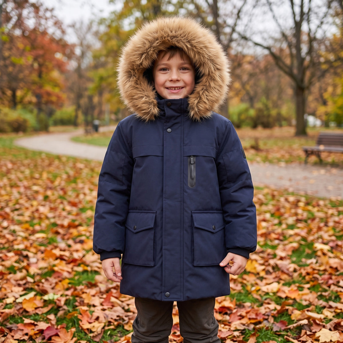 Parka zimowa chłopięca z kapturem z futrem, granatowy, na dziecku