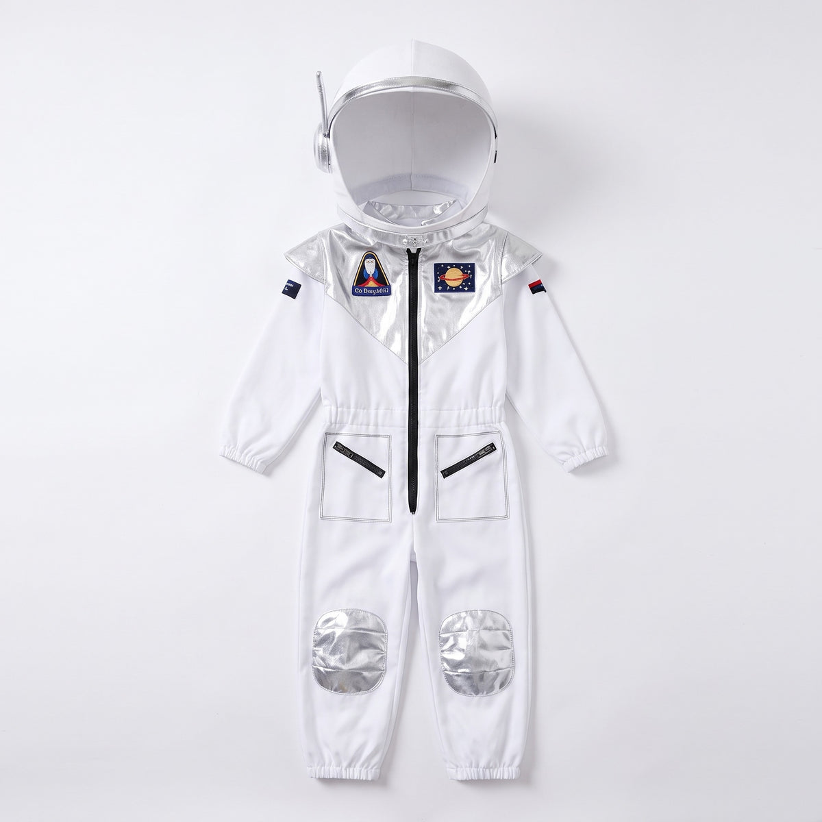 Strój astronauty dla dzieci, biały kombinezon z naszywkami, biały
