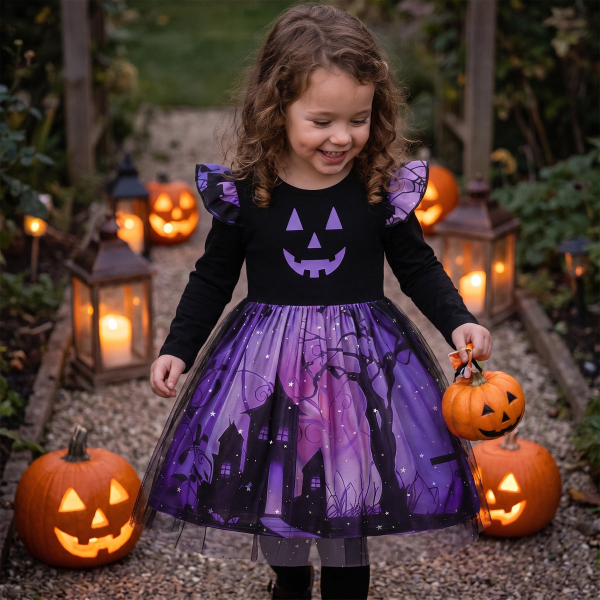 Sukienka na Halloween dla dziewczynki, fioletowa z uśmiechem dyni, lifestyle