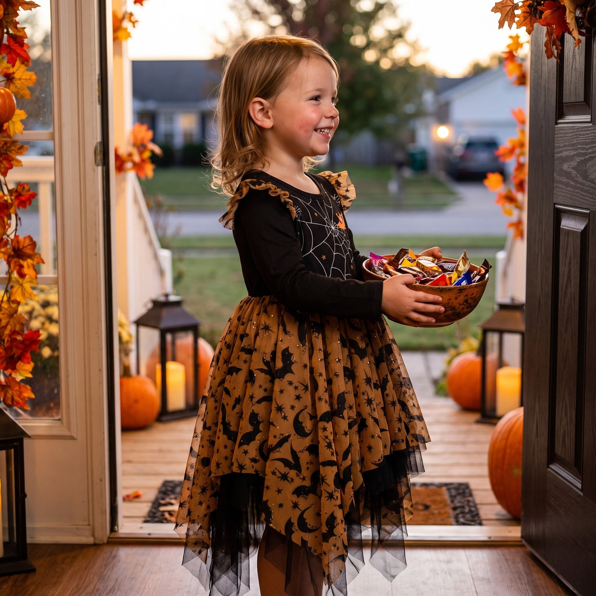 Sukienka dziewczęca na Halloween z nietoperzem i tiulem, lifestyle