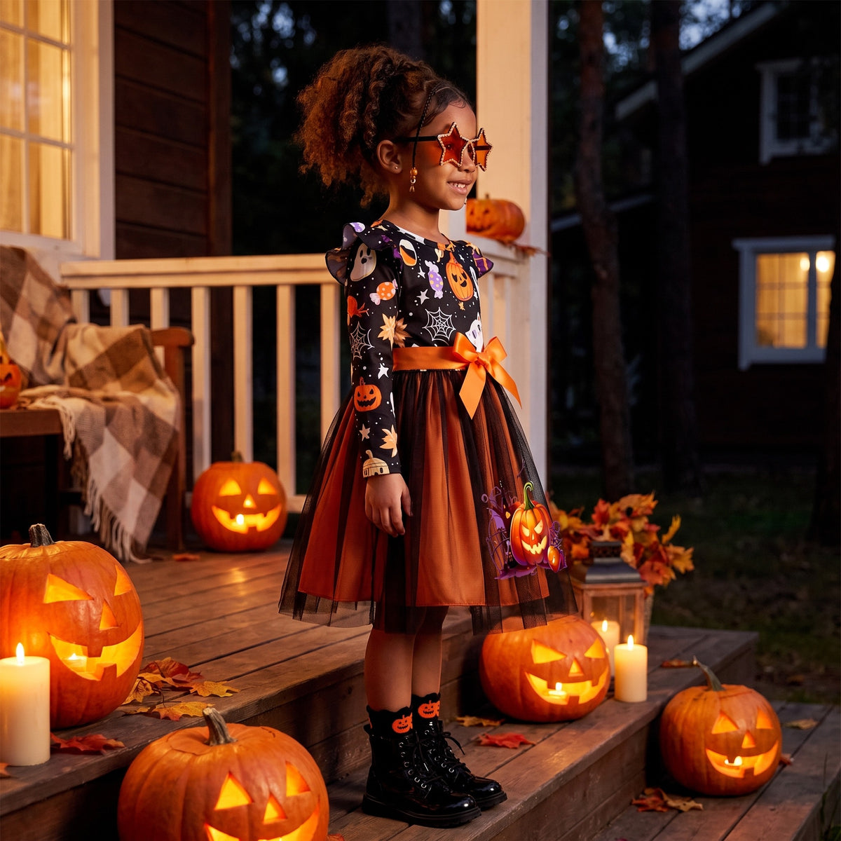 Sukienka na Halloween dla dziewczynki, dynie, kotki i tiul z kokardą, lifestyle 2