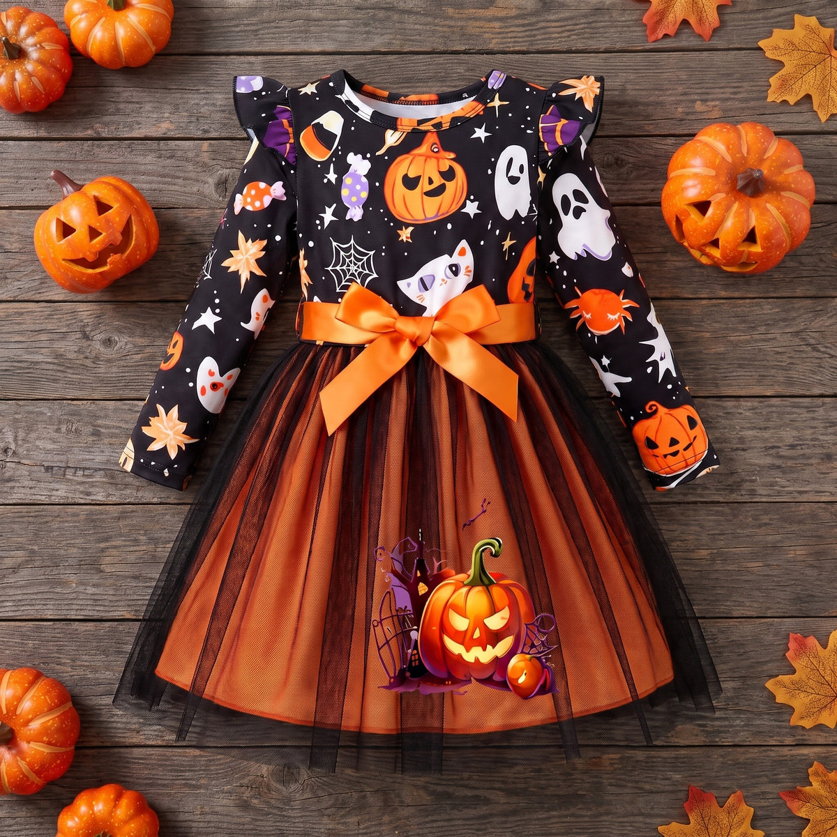 Sukienka na Halloween dla dziewczynki, dynie, kotki i tiul z kokardą, set inhoud