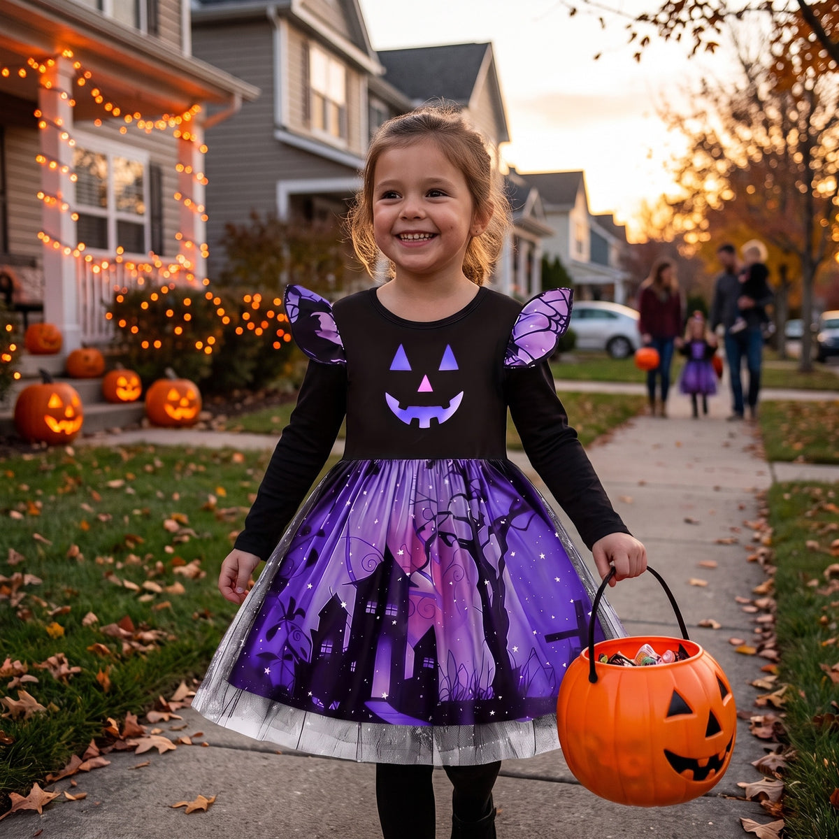 Sukienka na Halloween dla dziewczynki z tiulem, nadruk zamku i dyni, lifestyle