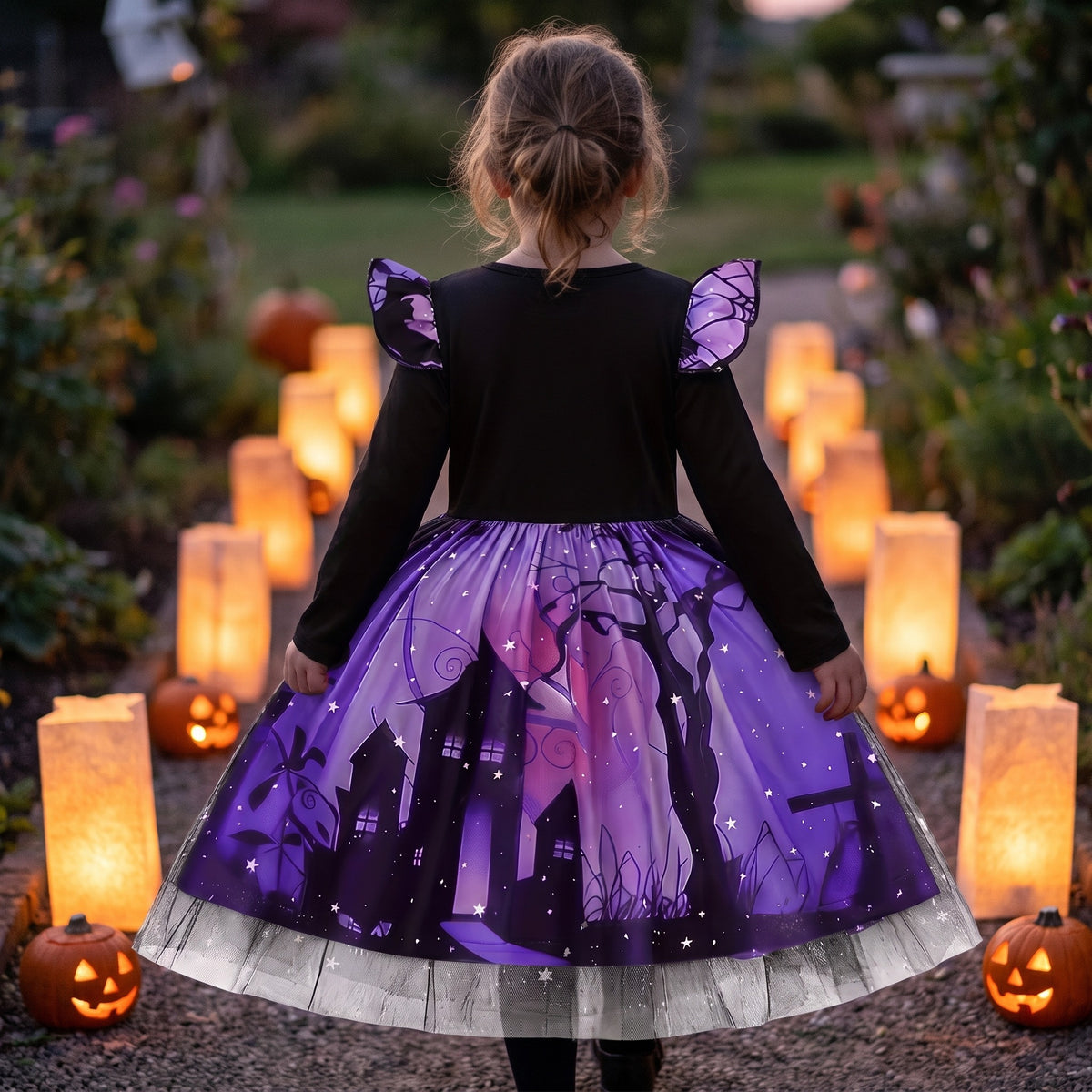 Sukienka na Halloween dla dziewczynki z tiulem, nadruk zamku i dyni, lifestyle 2