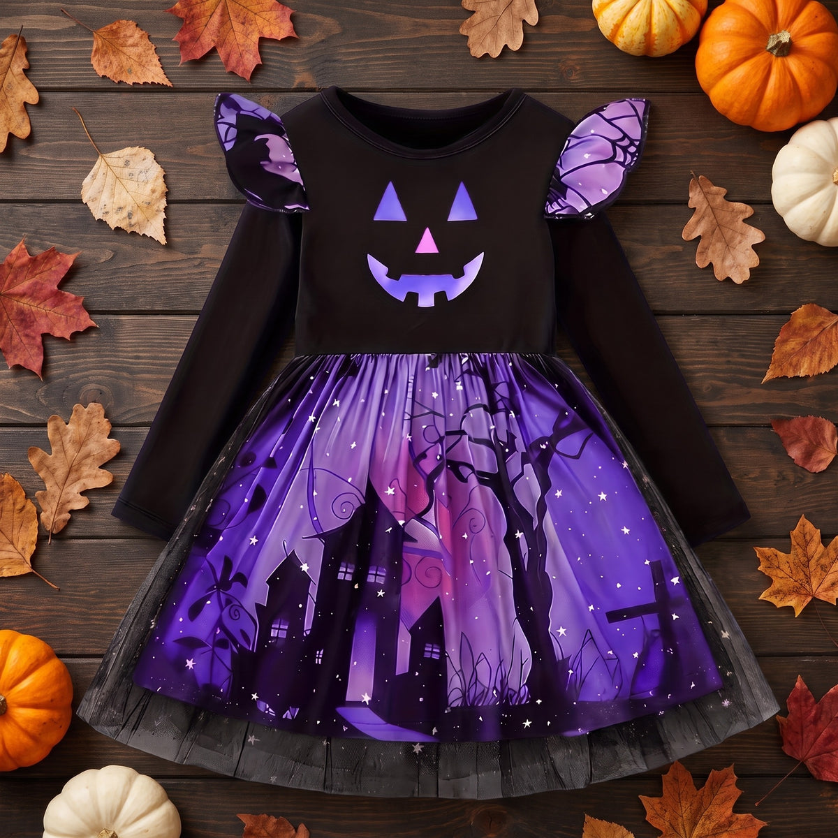 Sukienka na Halloween dla dziewczynki z tiulem, nadruk zamku i dyni, set inhoud